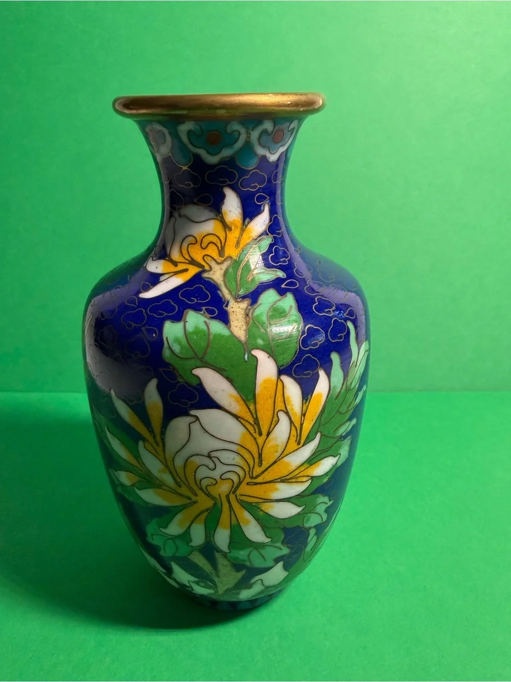 Cloisonné Floral Vase in Cobalt Blue and Yellow
